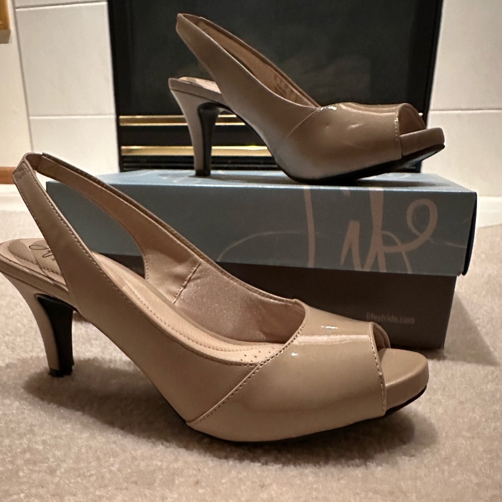 Summer heels:  Beige, glossy, sling back, open toe, slight platform, 2” heel.